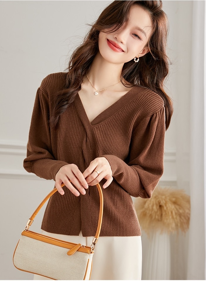 パフ スリーブ v ネック セーター 女性 秋 冬 デザイン セーター シャツ トップ ブラック ブラウン グリーン キャメル M L トップス 袖あり かわいい 大人可愛い きれいめ シンプル