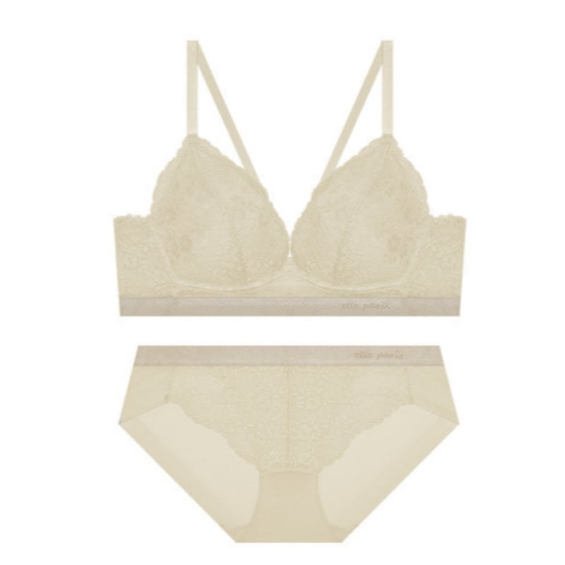 ソフトフィット ノーワイヤ レース ブラ パンツ セット - ライトベージュ 80C 95
