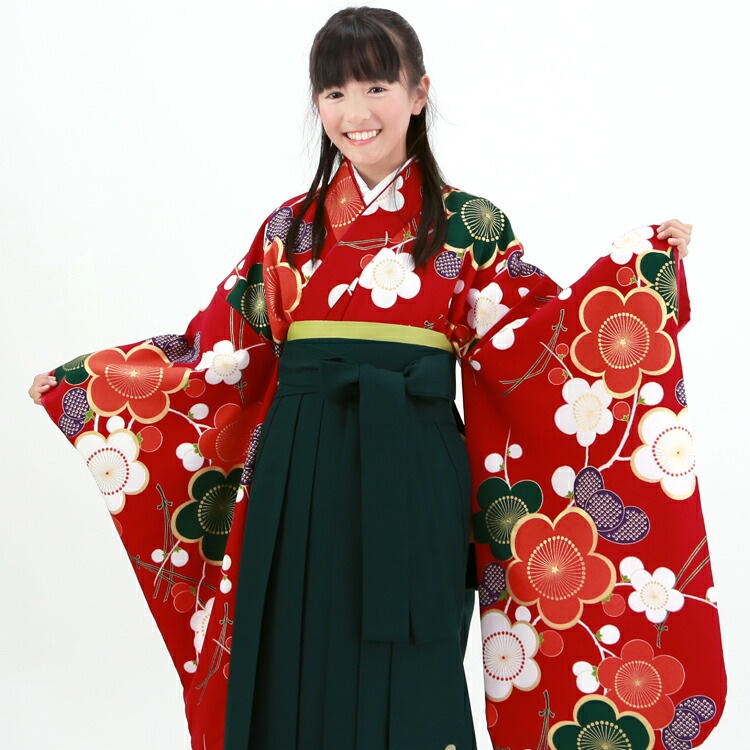 レンタル７泊８日 卒業式 袴 レンタル 小学生 女の子 小学校ブリリアントピース ジュニア卒業式袴レンタルセット 赤地に梅 ひな祭り 着物 衣装 花 レトロ モダン
