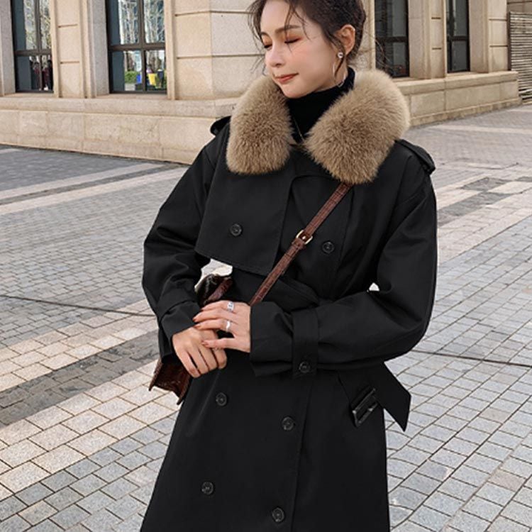 新作コットン ブラック レッド アウター ファー付きコート 黒 レディース ファーカラー 通勤 トレンチコート ロングコート おしゃれ ブラウン ロングコート カジュアル ダブルブレスト