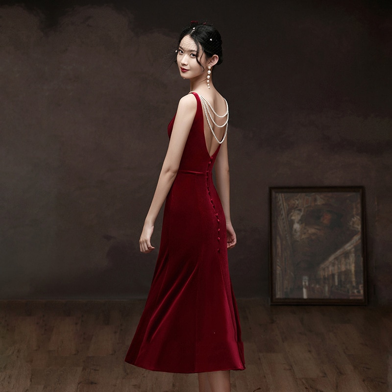 2025質感イブニングドレス女宴会気質ロングセクシー背中見せ花嫁敬酒ドレス
