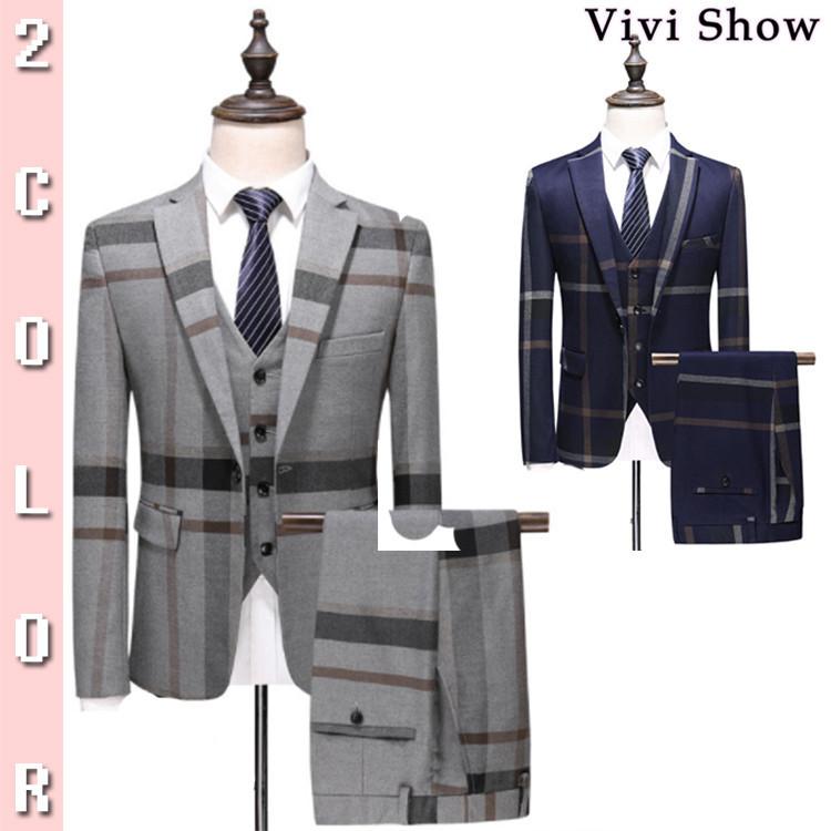 メンズスーツ 3ピーススーツ チェック柄 ビジネススーツ スリムスーツ おしゃれ セットアップ ファッション 高品質 結婚式