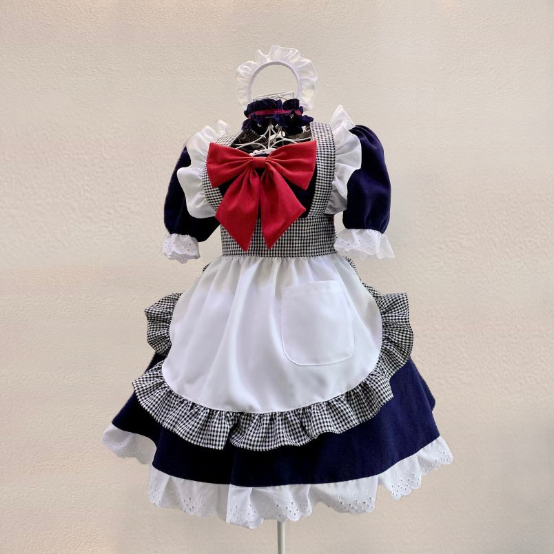 チェックメイド服　紺色ワンピース　赤蝶結び　女の子　スカート