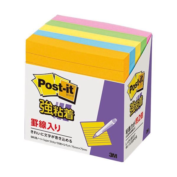 (まとめ) 3M ポストイット 強粘着ノート ラインノート 75×75mm ネオンカラー5色 630-5SSAN 1パック（5冊） (×10セット)