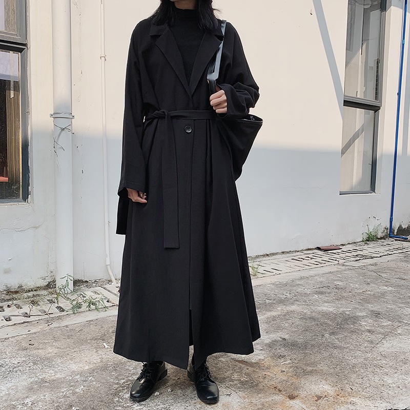ウインドブレーカーレディースミドル丈2022年秋新作コートレディースブラウスオーバーニーベルトスーツ襟コートブラックシンプルルーズラージサイズレディースウインドブレーカーカジュアルファッション