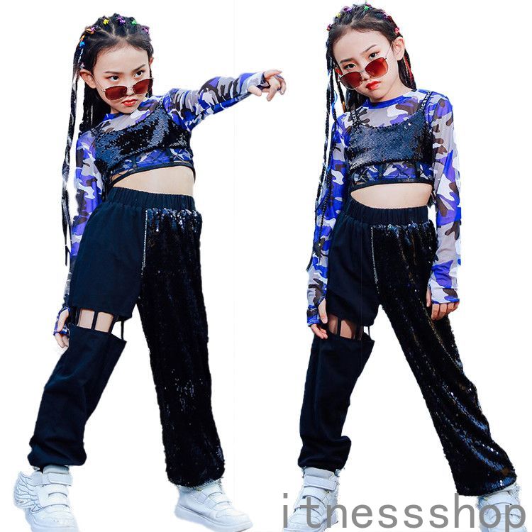 ギフト スパンコール 子供服 へそ出し ヒップホップ キッズダンス衣装 セットアップ 女の子 迷彩 ダンス 衣装 ヒップホップ キッズ ダンス衣装 キラキラ 上下 パンツ キッズダンス 衣装 110