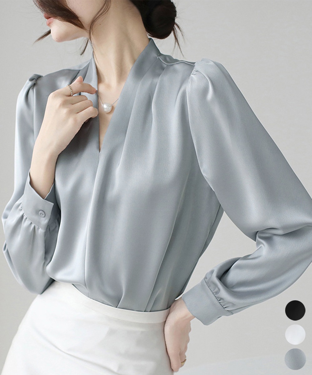国内即納 サテン風シャツブラウス Vネックトップス 84LIUJIE-005