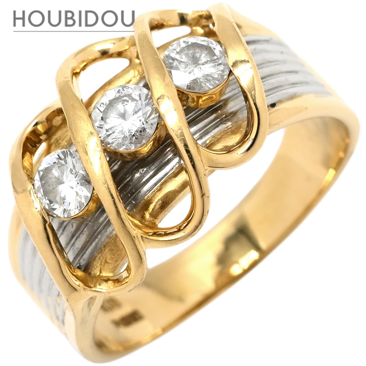 リング 指輪 ダイヤモンド 0.54ct イエローゴールドXプラチナシルバー 3石 3粒 ブリリアントカット 18K 750 YG プラチナ コンビ ダイア 15号【中古】