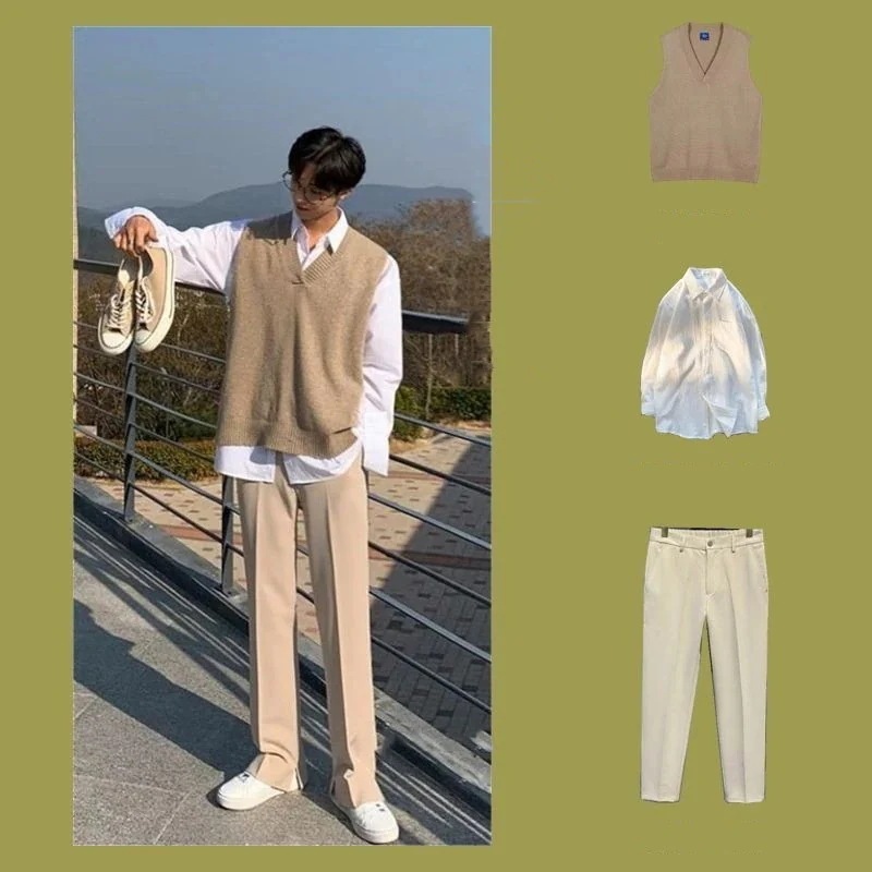 メンズ カレッジ風 カジュアル 3点セット オシャレ ニットベスト+シャツ+スーツパンツ