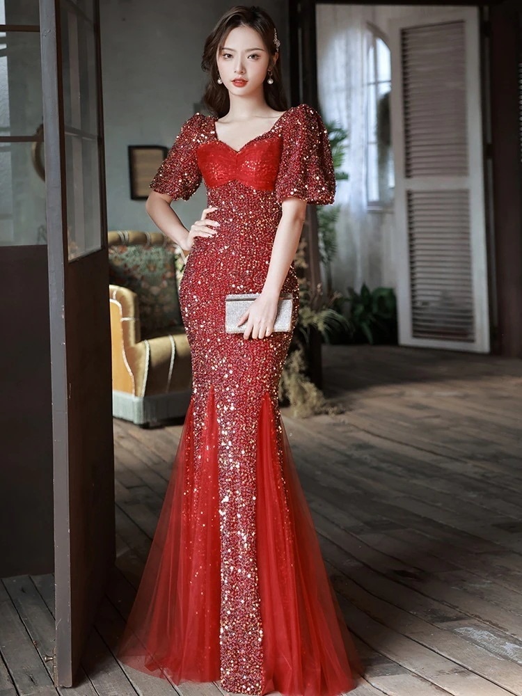 乾杯服花嫁結婚式カジュアル服バーガンディ婚約フィッシュテール宴会芸術試験イブニングドレススカートレディースドレス
