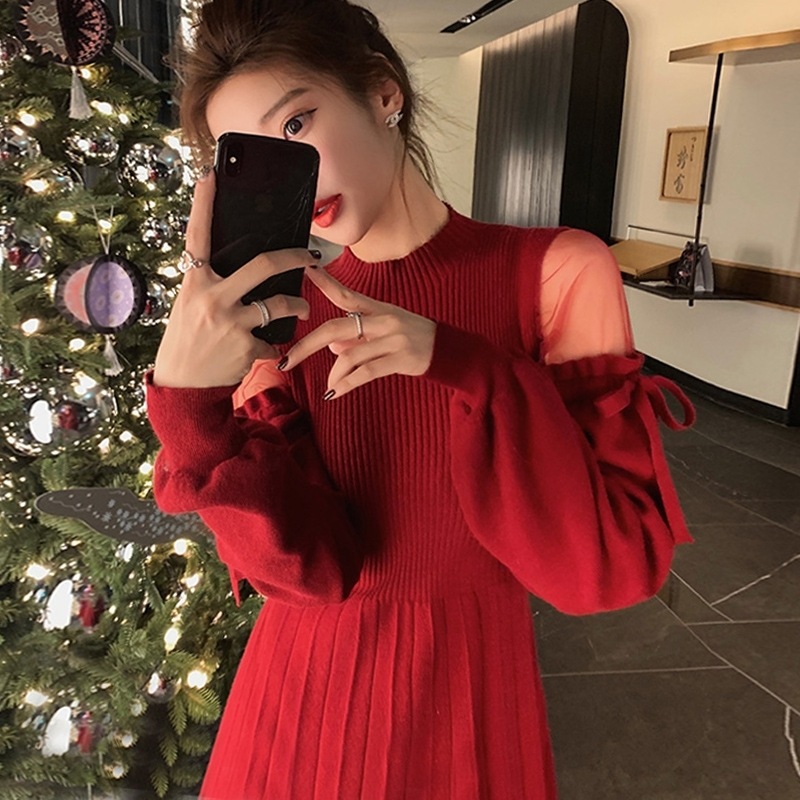 ニットワンピース シンプル レッド 赤 ミドル丈 袖あり 長袖 ハイネック スリム 細身 タイト