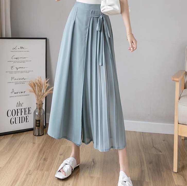 レディース パンツ ボトムス スカンツ 7分丈 アンクル丈 ストレート アシンメトリー 切り替え ドッキング フェミニン プリーツ リボン ウエストリボン かわいい 大人可愛い きれいめ 上品