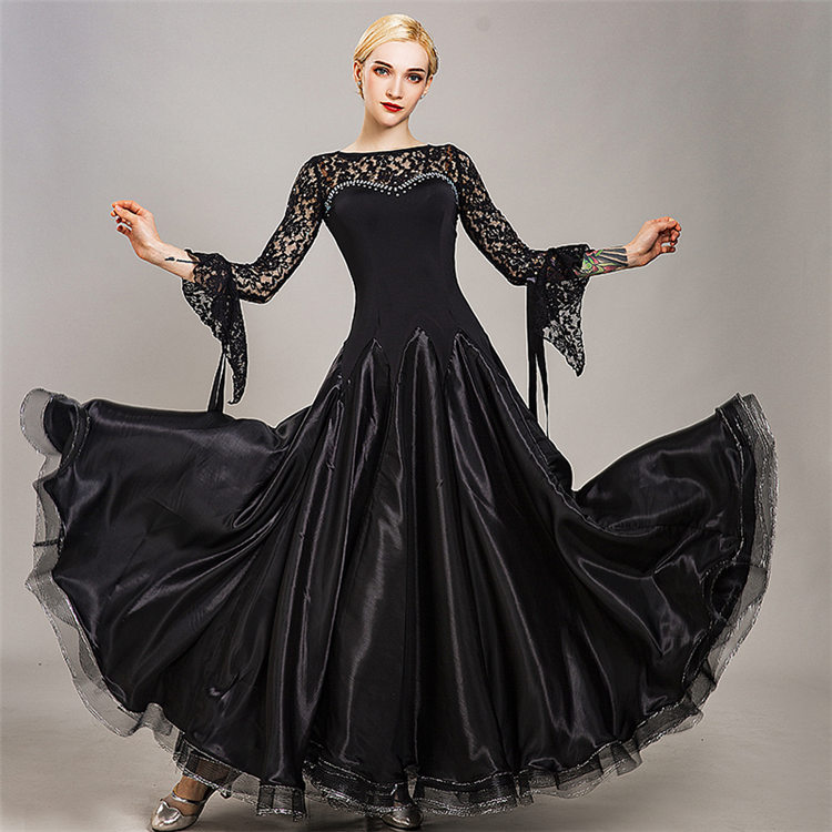 社交ダンス 衣装 おしゃれ レース パーティードレス ロング ワンピース Aライン フレア袖 長袖 ラテンダンス ワルツ チャチャ お呼ばれ キャバドレス 練習着 競技用 インターナショナルダンス 舞
