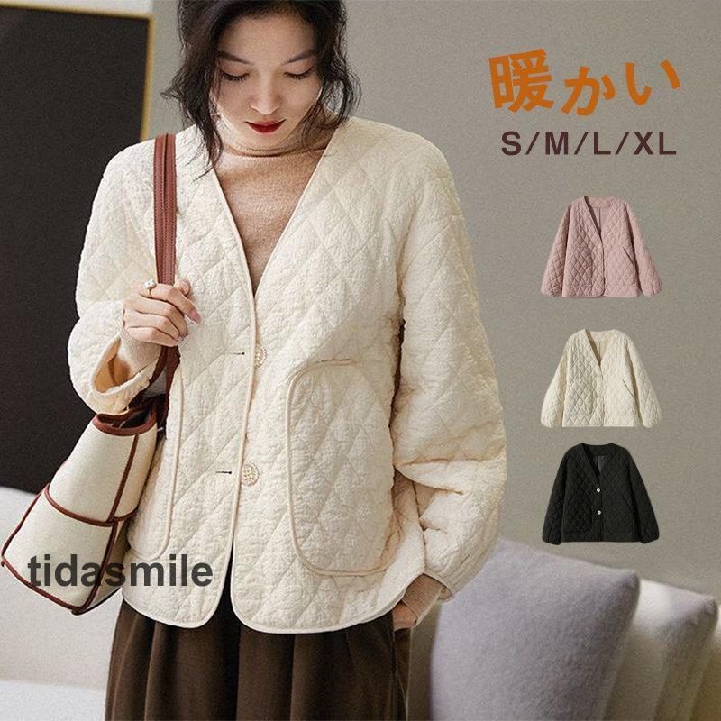 大人気上品中綿コートレディースキルティングコートダウンジャケットダウンコート秋冬ショット丈軽量アウター韓国風ノーカラーOL通勤