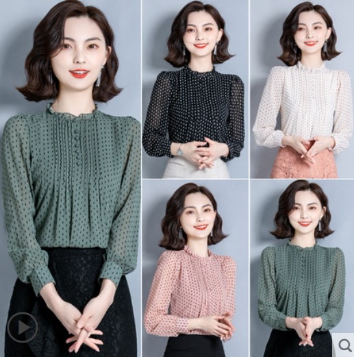 トップス ブラウス 白トップス 袖あり 長袖 スタンドカラー ストレート 透け感 薄手 かわいい 大人可愛い カジュアル 上品 おしゃれ お洒落 レトロ とろみ感 ドット柄 春 秋 入学式 入園式