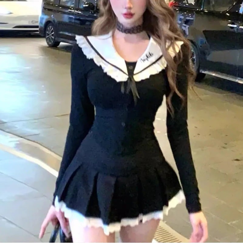 韓国風プレッピー風スイートなレディースツーピーススーツ春と秋セーラーカラーのフィットしたトップスハイウエストのスリミングプリーツスカート