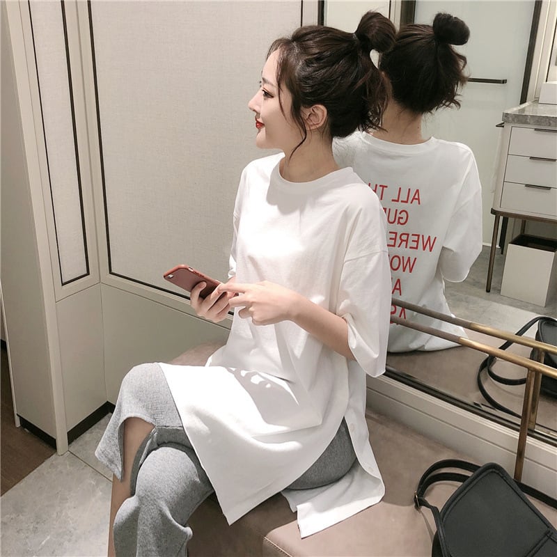 トップス Tシャツ 白トップス ビッグT ロング丈 袖あり 半袖 ラウンドネック 綿 かわいい シンプル カジュアル ラフ ラブリー キュート ガーリー ルーズ プリント 夏 10代 20代 30代