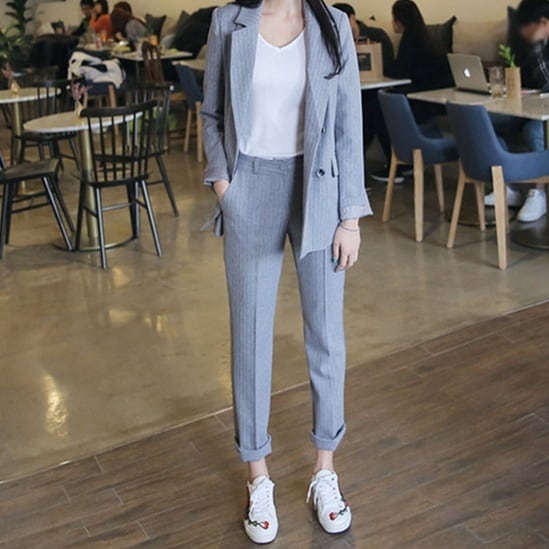 セットアップ スーツ パンツ ボトムス ジャケット ダブルブレスト 長袖 ロング ストライプ アンクル丈 センタープレス スリム ハイウエスト セミフレア ストレート 襟付き Vネック レトロ lsu