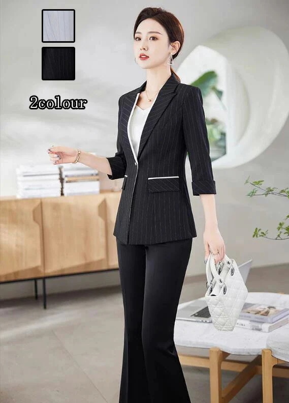 洗えるスーツ 着痩せ レディース フォーマル セットアップ 通勤 OL コート 7分袖ジャケット+パンツ 2点セット ママ 入学式 卒業式 カジュアル ストライプパンツスーツ 結婚式 オフィス セレモ 5,323円