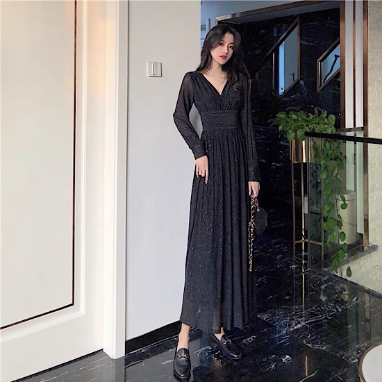 【取寄：納期2週間】結婚式ドレス キラキラ 煌めき ハイウエスト ウエストマークVネック ラメ入り キラキラ 発表会 演奏会 レディース 結婚式 ステージ衣装 ロング丈 エレガント