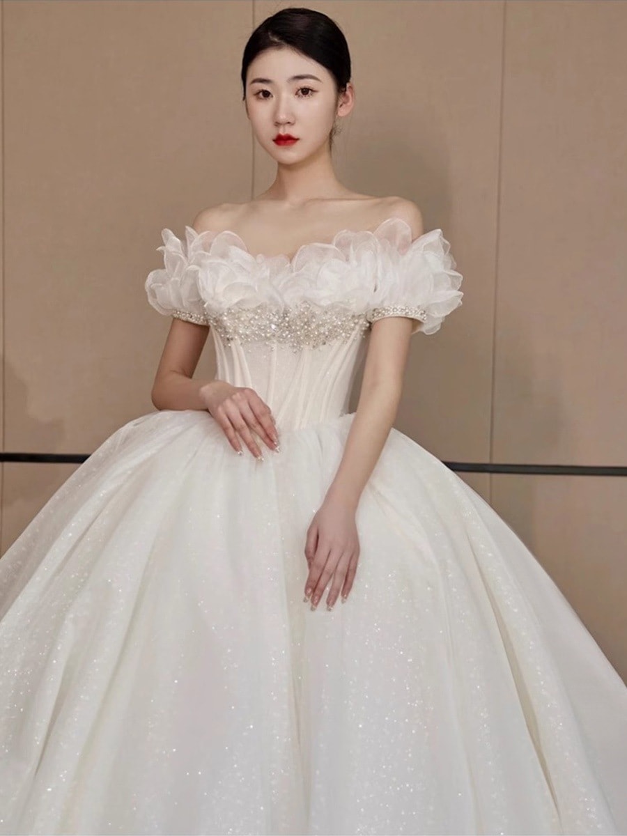 ワンショルダーウェディングドレス2025ブライダル主糸ラージテールハイグレード立体花びらを地面まで
