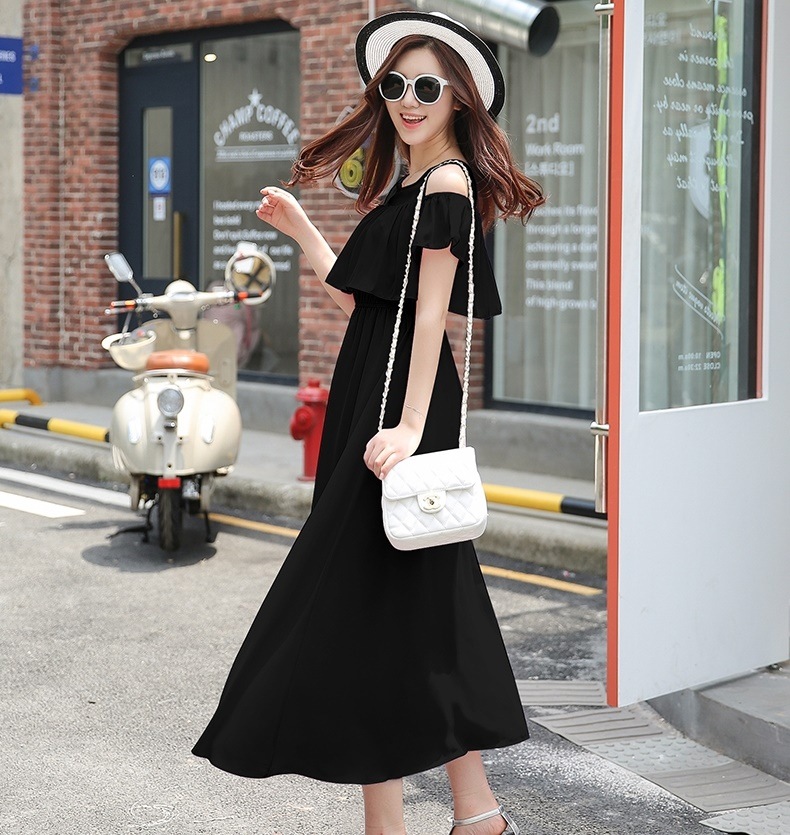 1603. シフォンロングワンピース（ブラック） 2019 春夏 sale お呼ばれ 通学 デート パーティー お出かけ レストラン 女子会 カフェ リゾート