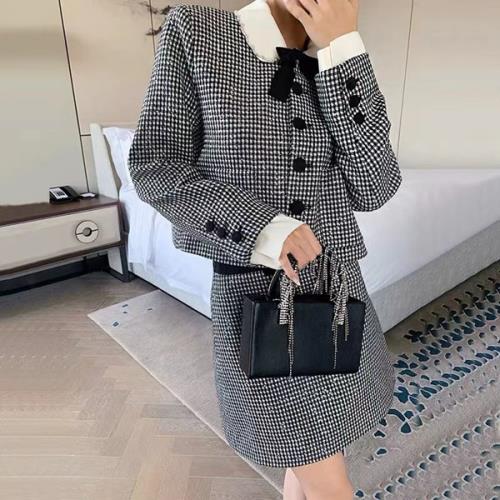 2点購入で200円割引安いセットアップ 2点セット 上下セット ジャケット スカート ツーピース チェック柄 ギンガムチェック リボン 秋 冬 長袖 ミニ丈 おしゃれ 可愛い 韓国 白襟 レース ショ