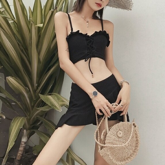 水着 紐ビキニ セクシービキニ 体型カバー水着 スカート パレオ セパレート パッド付き 紐 体型カバー シフォン フリル スリット 伸縮性 小胸 セット 3点セット かわいい 大人可愛い きれいめ