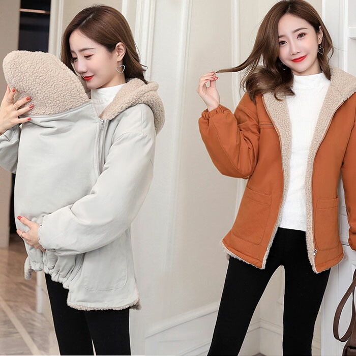 ママコート ダッカー付き マタニティウェア 妊娠 授乳 冬 フード付き 裏起毛 2WAY 防寒 保温 暖かいマタニティパーカー 中綿 ダウン ファスナー付き 大きめポケット スリット入り ロン