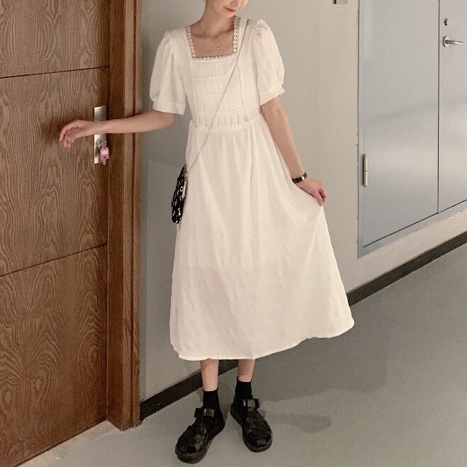 2色 ワンピース 半袖 夏 きれいめ ロング aライン ワンピドレス ひざ丈 ミディアム丈 ぽわん袖 パフスリーブ スクエアネック ウエストマーク ハイウエスト ホワイト ブラック ワンサイズ ゆった