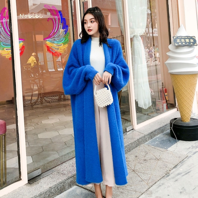 【送料無料】レディース もこもこ ロングニット ロング丈 パフスリーブ 無地 長袖 ゆったり