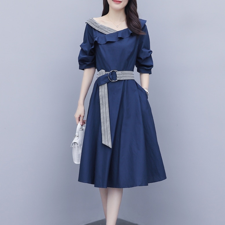 ワンピース レディース フリルシャツワンピース ウエストマーク カシュクール 5分袖 フレア