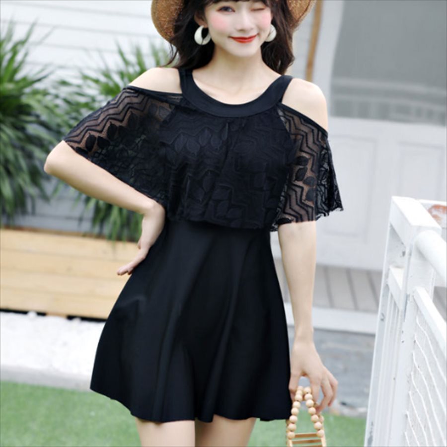 水着 ビキニ 3色 4パターン モノキニ ワンピース水着 スカート 半袖 フレアスリーブ ラウンドネック ワンピース オフショルダー Ａライン フレア レース 異素材ドッキング