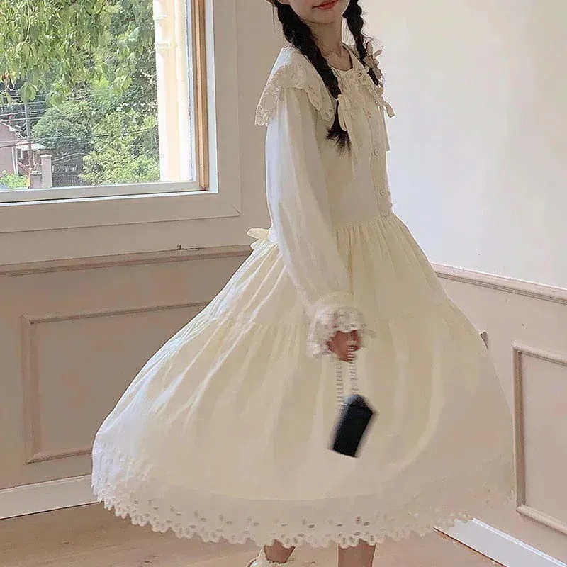 ワンピース 日系少女風甘美レースフリルカラー 長袖森系優しい雰囲気 ロングドレス超幻想的 アプリコット色 可愛い