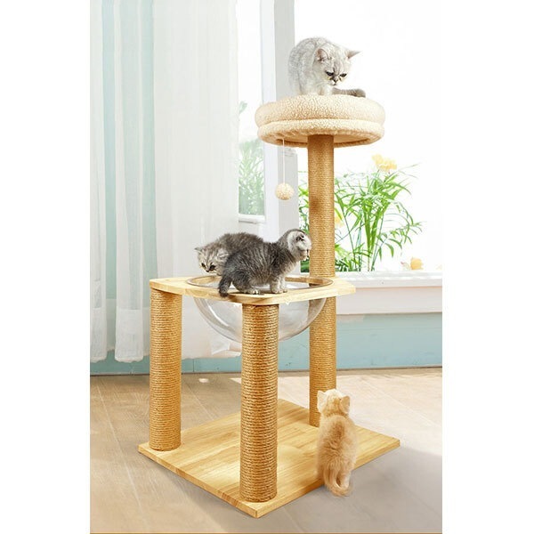 爪とぎポール 猫タワー 木製キャットタワー ボウル付き 木目調猫タワー 多頭飼い 爪磨き 猫 猫用 ねこ 用品 グッズ 運動不足解消 おしゃれ