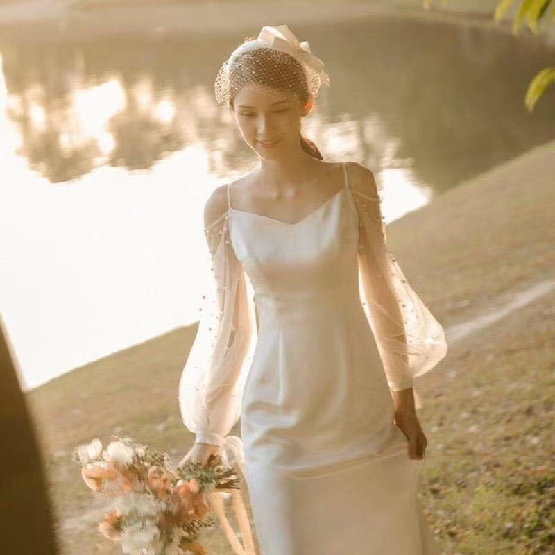 ウエディングドレス 長袖 白 二次会 結婚式ドレス パーティードレス 安い エンパイア フォトウエ