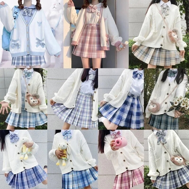韓国 【4点セット】秋冬jk制服学院風リボンニットカーディガン＋シャツプリーツスカート スーツ 涼しく楽ちんセットアップ 福袋