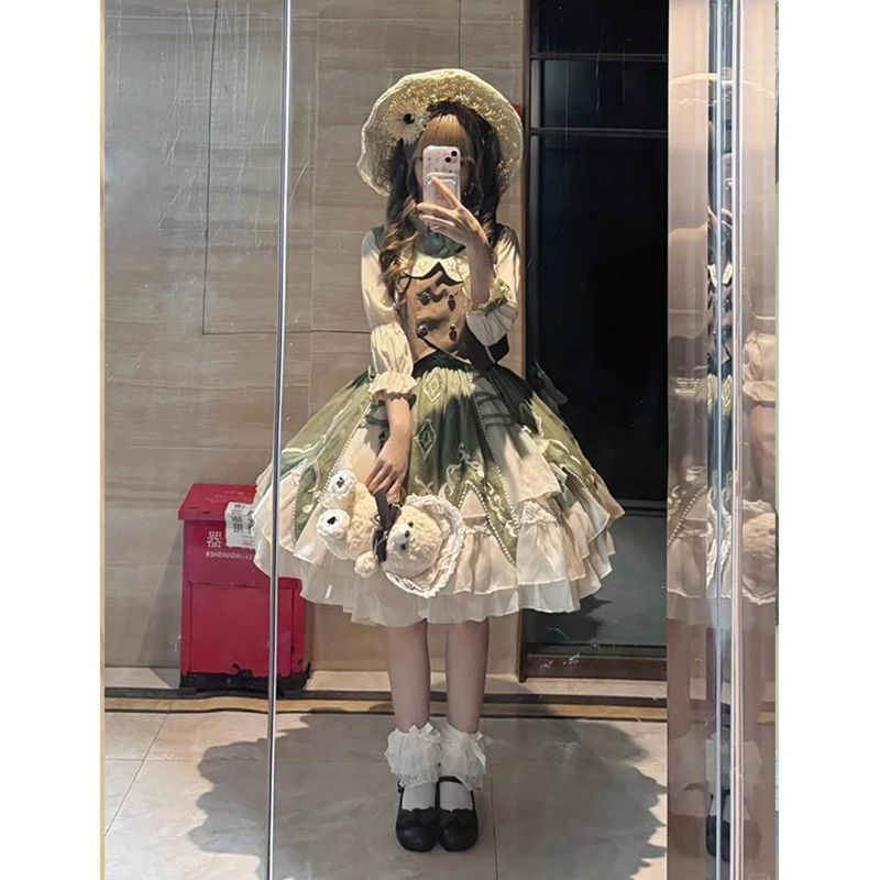 緑の田園風ロリータドレスとベストシャツドレスのセットプリンセス風のロリータドレス可愛くてエレガントで甘い