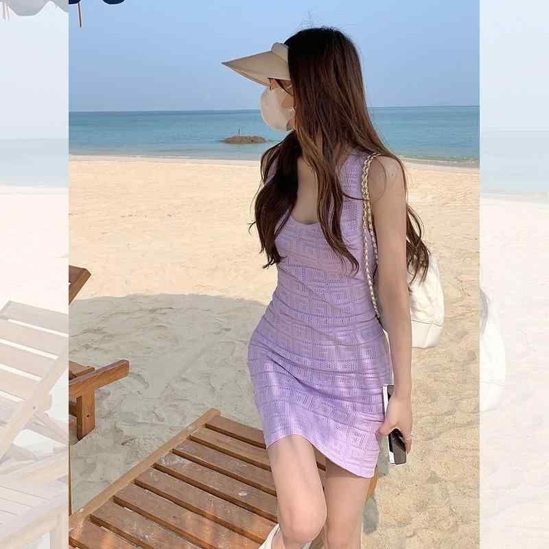 レディース キレイ ノースリーブ ウエスト い ドレス フレンチ 夏 デザイン パープル ワンピース お洒落