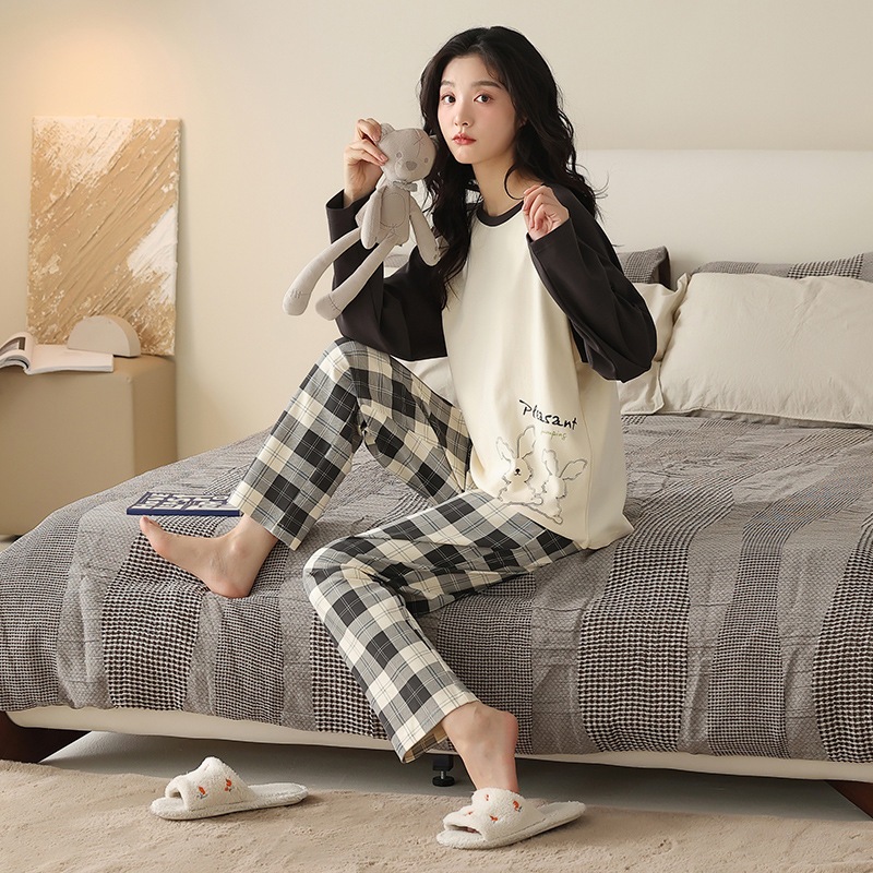 レディース 両面プリント ピュアコットン プルオーバー パジャマセット - 秋/春スタイルシンプルでカジュアルなホームウェア パジャマセット