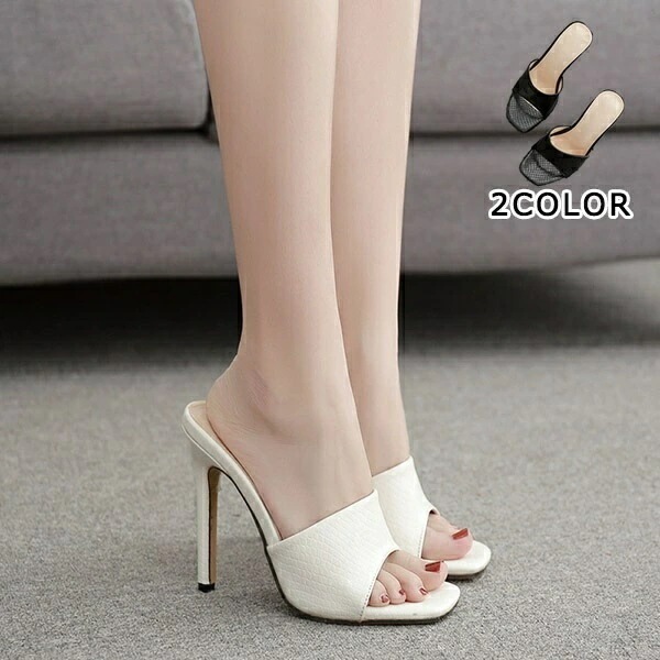 【夏セール！】ミュール スクエアトゥ ハイヒール サンダル レディース シューズ オープントゥ 靴 美脚 ピンヒール 大人かわいい 夏 オシャレ ブラック ホワイト22.5/23.0/23.5/24.