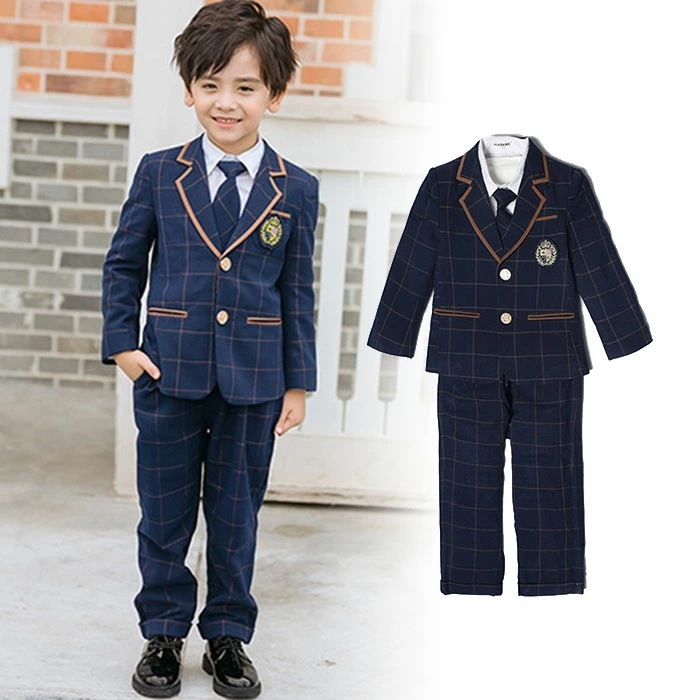 【男の子 スーツ】キッズ スーツ チェック柄 ネイビー 男の子 入学式 子供服 制服 受験 面接 キッズ フォーマル スーツ 5点セット ジャケット パンツ シャツ タイ ワッペン 小学生 男子高生