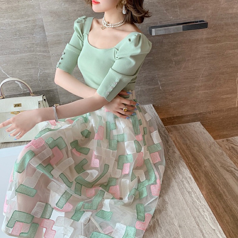 【XS3XL】サマーリブニットトップス＆シアースカート【su0010】 10,212円