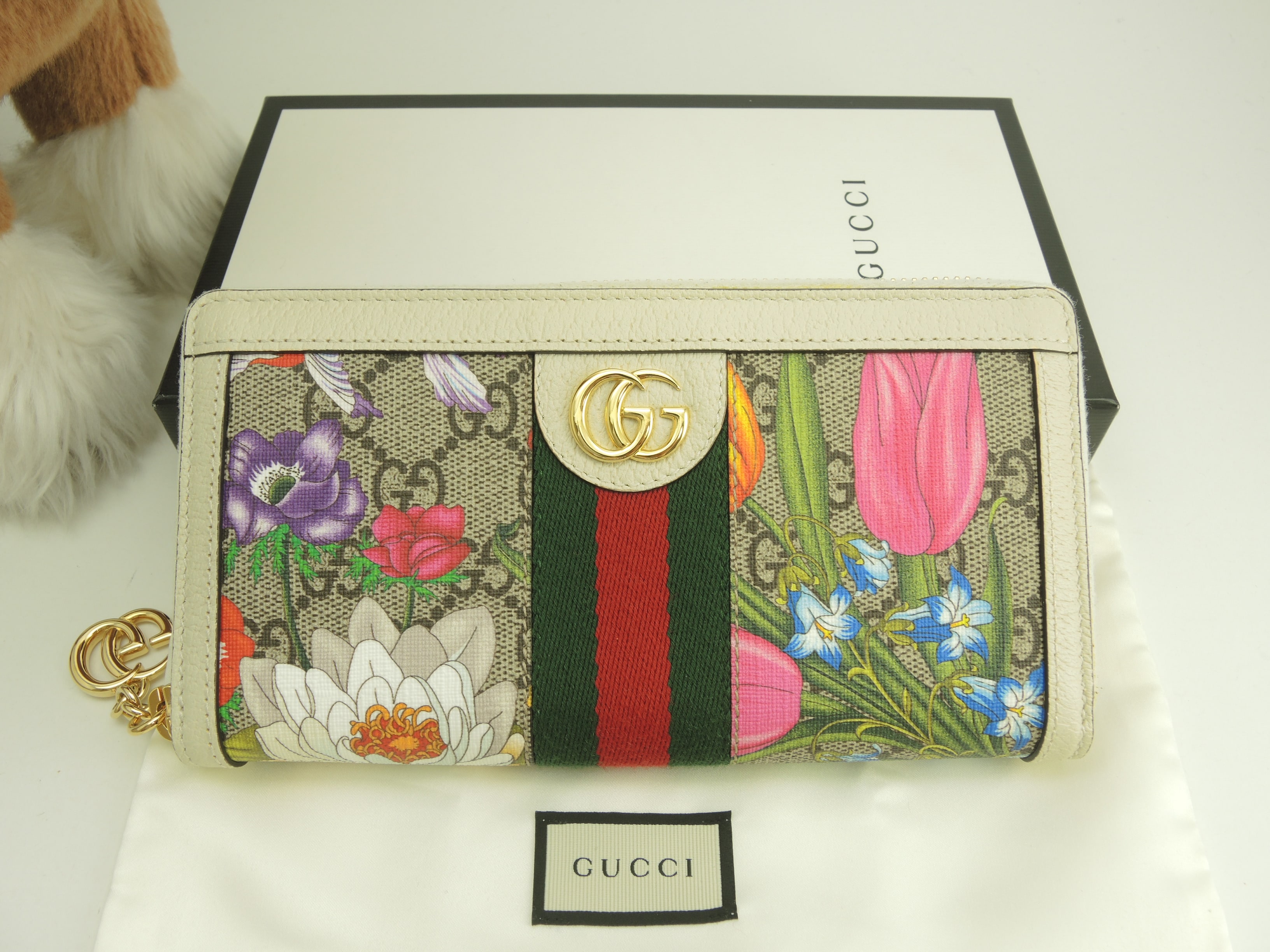 ジップアラウンドロングウォレット フラワー/ウェブ GGマーモント灰白 ラウンドジップ長財布 未使用@ 1