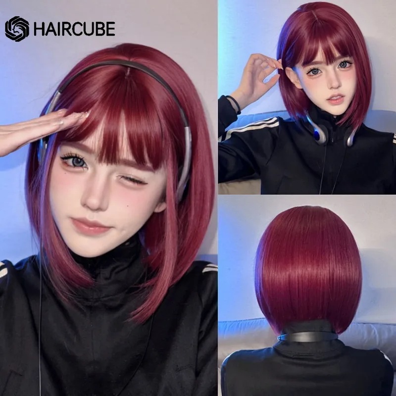 ヘアキューブ-女性用フリンジ付きワインレッドボブウィッグ短い合成ウィッグ耐熱性毎日のコスプレウィッグファイバーヘア