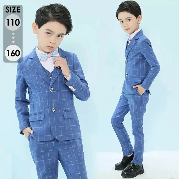 キッズスーツ キッズ タキシード 子供スーツ こどもスーツ 4点セット キッズフォーマル ジュニア フォーマルウエア チェク柄 スーツ 男の子 七五三スーツ 100cm 110cm 120cm 130
