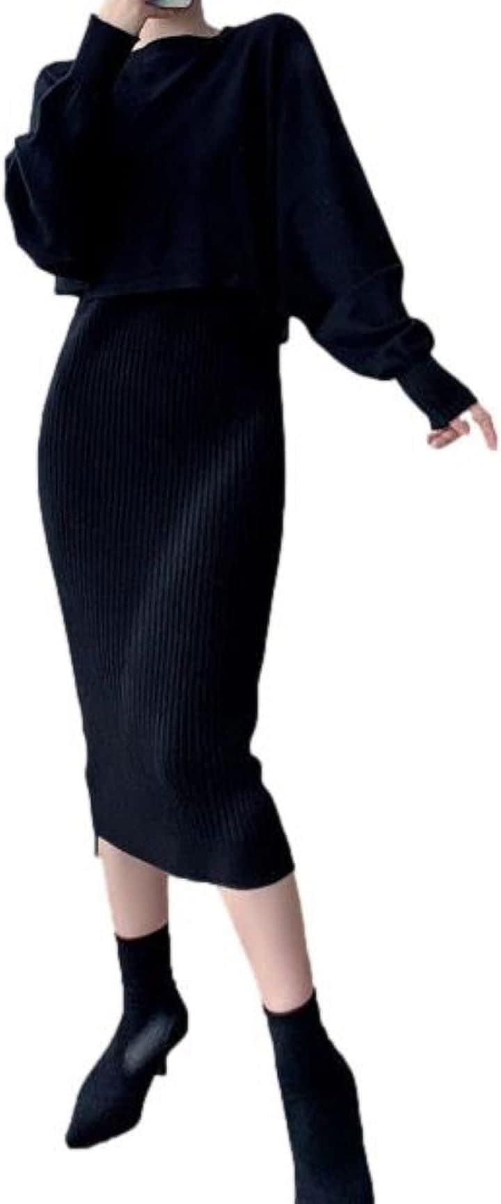 ワンピース ニット セットアップ レディース 膝下丈 ニットプルオーバー ドルマンスリーブ 丸首( ブラック, M)