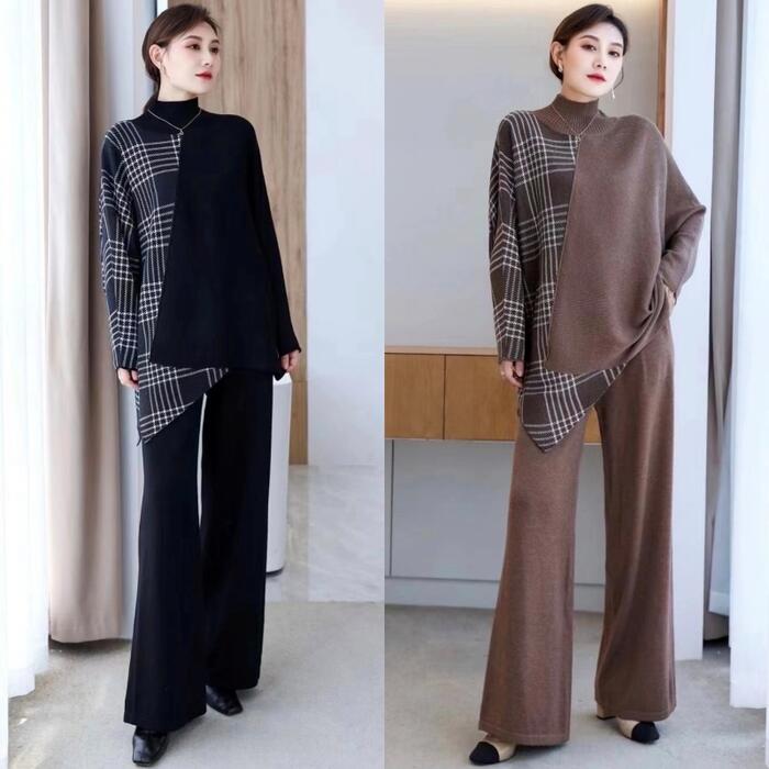 ウール混 セットアップ 2点セット トップス パンツ 長袖 ニット チェック アシンメトリー きれいめ カジュアル おしゃれ 大人 可愛い リラックス 体型カバー 楽ちん ハイネック ブラウン グレー