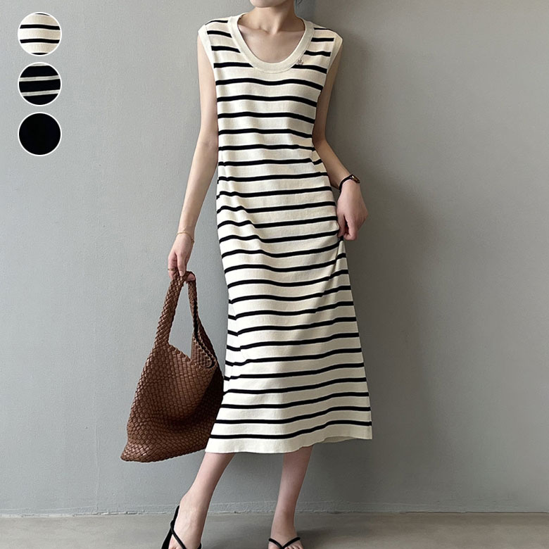 2A35 ロングワンピース レディース ロング丈 ワンピース 春 夏 ノースリーブ ノースリーブワンピース ボーダー ブラック 黒 カジュアル プルオーバー ワンピ 韓国ファッション お洒落