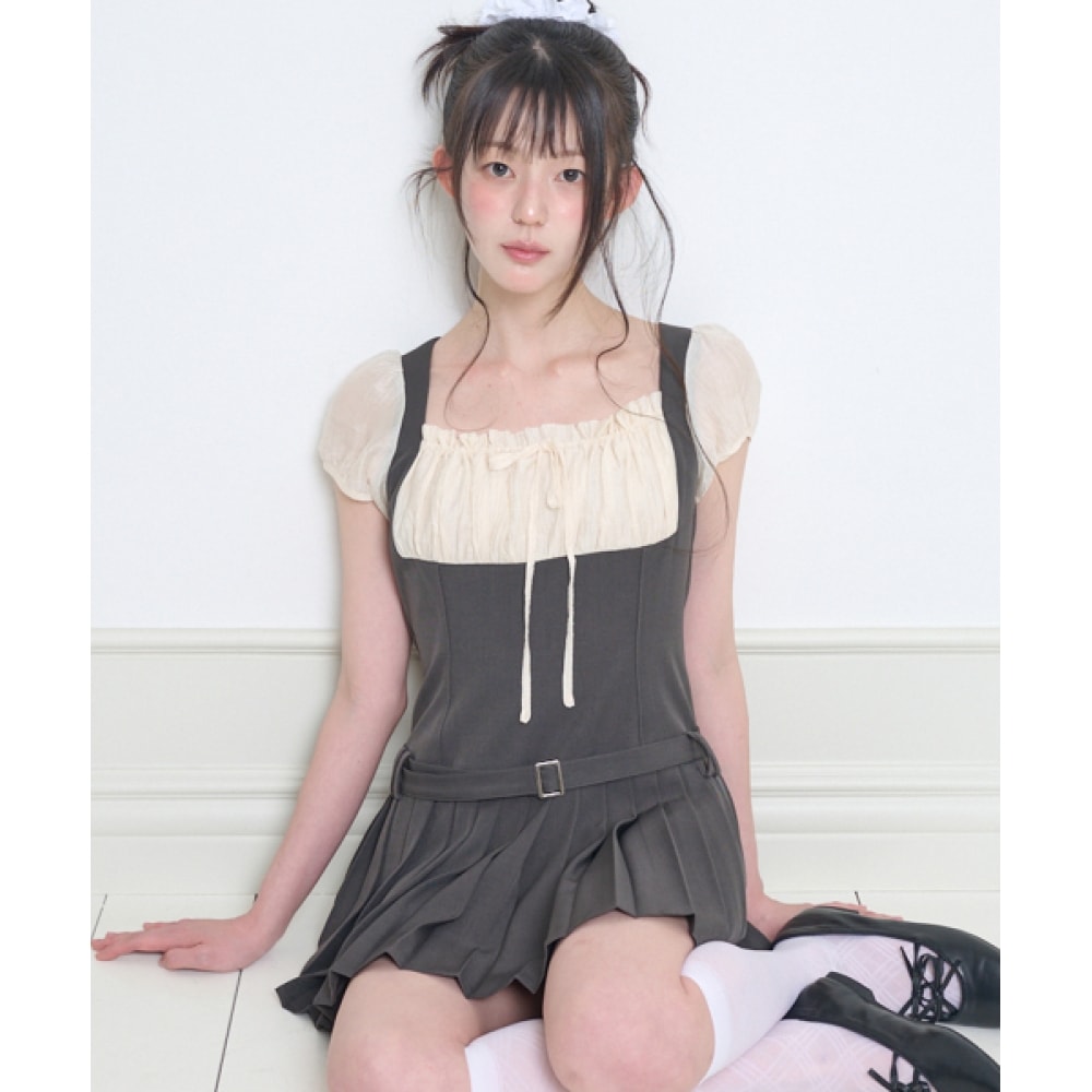 ILLIGO プレッピーリボンプリーツショートスリーブドレスチャコール